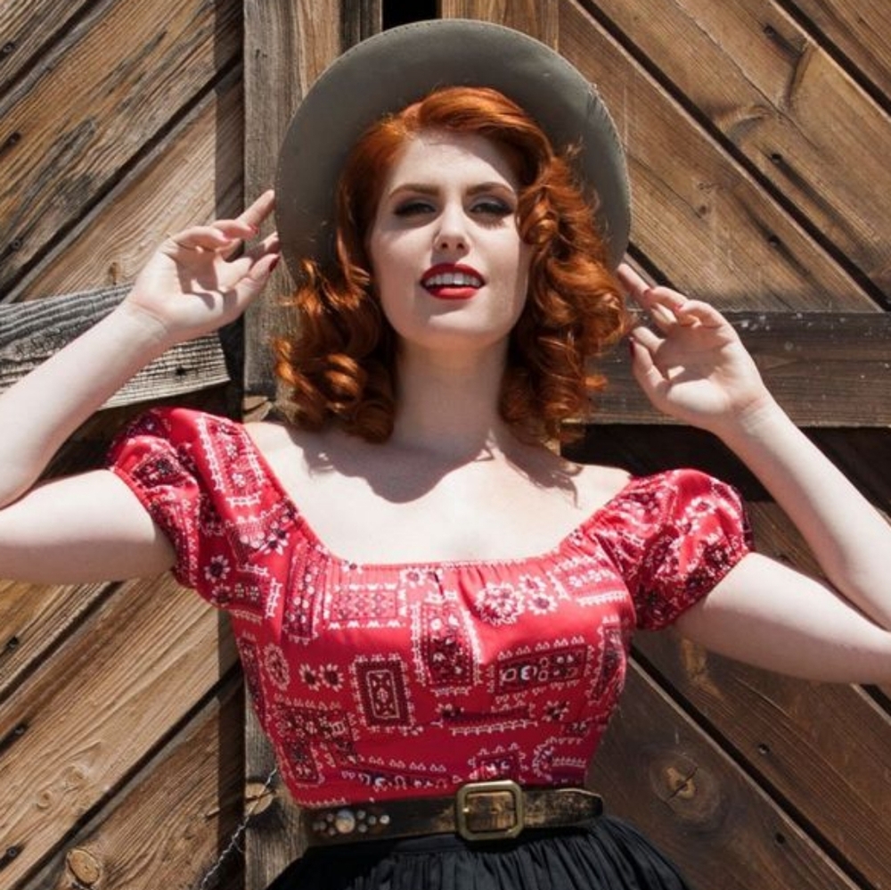 Pinup Girl Clothing Couture Peasant Top In Red Bandana Western Print